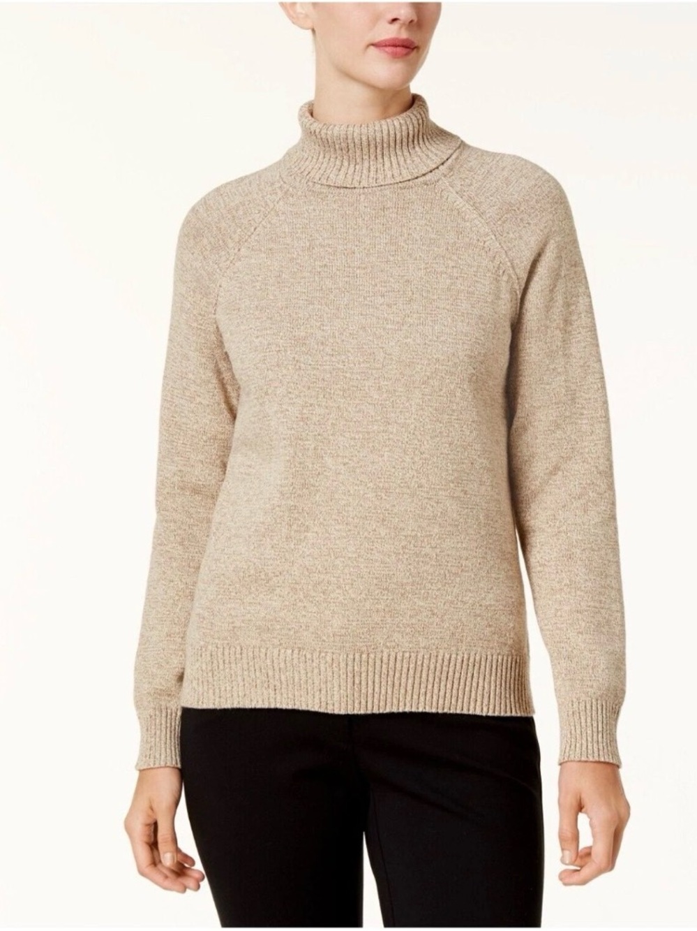 Karen Scott Women’s Large Oatmeal Beige Marled Turtleneck Sweater 100% Cotton